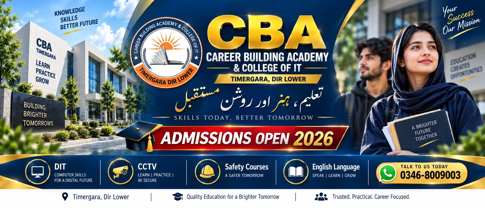 Career Building Academy Admissions Open 2026 banner with academy building and students